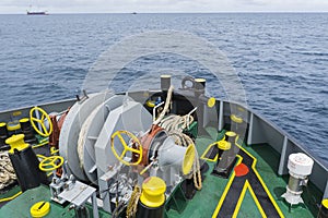 Foward side of Anchor Handling Tug AHT boat.