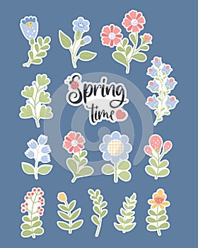 Fowers. Collection stickers. Spring time. Vector illustration. Isolated botanical plants and branches for design, decor