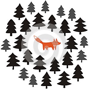 Fox alone in a black forest on white background illustration