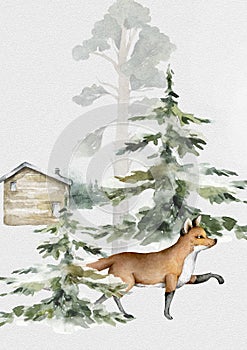 Fox animal in forest. Realistic winter cute walking red wild fox isolated illustration on white background.