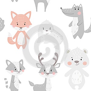 Fox baby winter seamless pattern. Cute animal in snowy forest christmas print