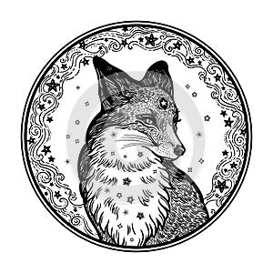 Fox on the background of the moon and stars in vinatge style.