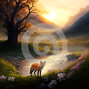 fox on the bank of a mountain river.