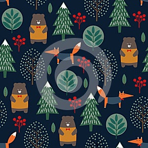 Fox, bear, trees seamless pattern on dark blue background.