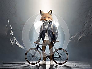 Fox in bomber jacket with bicycle