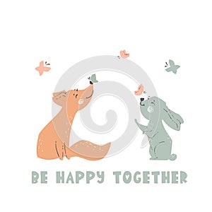 Fox and bunny baby cute print. Forest friends enjoy butterfly together