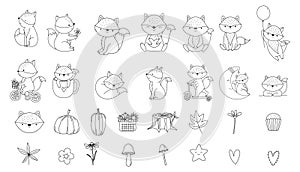 Fox cartoon character Big set outline hand drawn style, for printing,card, t shirt,banner,product.vector