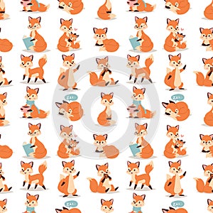 Fox character doing different activities funny happy nature red foxy cute adorable tail and wildlife orange forest