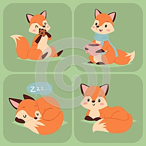 Fox character doing different foxy activities funny happy nature red tail and wildlife orange forest animal style