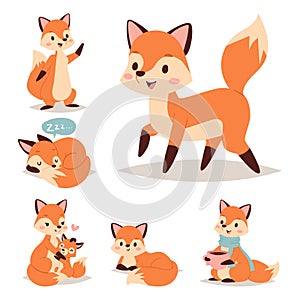 Fox character doing different foxy activities funny happy nature red tail and wildlife orange forest animal style