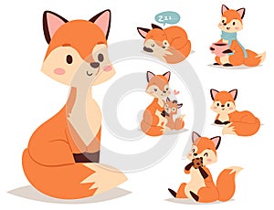 Fox character doing different foxy activities funny happy nature red tail and wildlife orange forest animal style