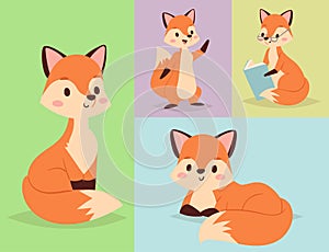 Fox character doing different foxy activities funny happy nature red tail and wildlife orange forest animal style