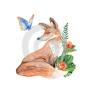 Fox with cloudberries, green twigs and blue butterfly. Watercolor composition on white background.