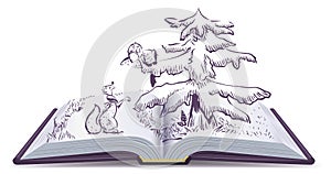 Fox and Crow story. Open book fable illustration