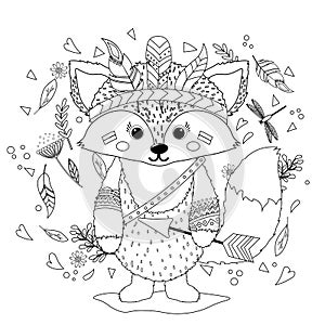 A Fox cub in an Indian war hat with feathers. Coloring book for children. Hand drawn ethnic animal for coloring pages, art therapy
