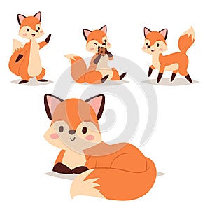 Fox character doing different foxy activities funny happy nature red tail and wildlife orange forest animal style