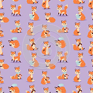 Fox cute adorable character funny orange forest animal seamless pattern vector illustration.