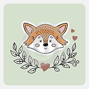 Fox. Cute funny hand drawn animal with hearts, leaves and branches.