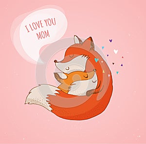 Fox, cute, lovely illustration and greetin card, Mother's day