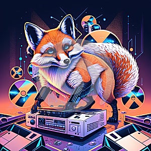 Fox dj playing music on turntable on party. Generative AI