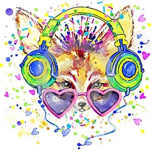 Fox and earphone T-shirt graphics. Fox illustration with splash watercolor textured background. unusual illustration watercolor photo