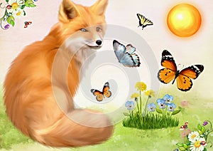 The fox in an environment of butterflies sits on a summer glade. Children's illustration.