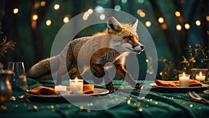 Red Fox at a Romantic Outdoor Dinner Table Setting