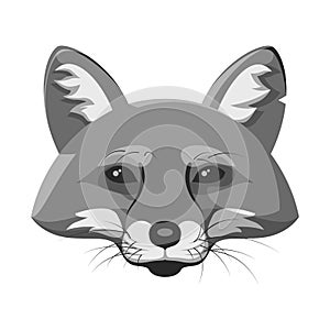 Fox face black and white portrait. Cartoon vector clip art of a beautiful detailed face of a fox with mustache, nose, shiny eyes