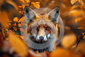 Fox in fall A curious red fox peeking from autumn foliage
