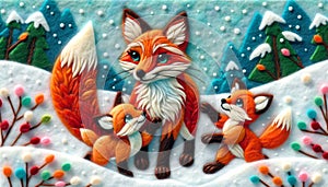 A fox family in a snowy winter landscape painting
