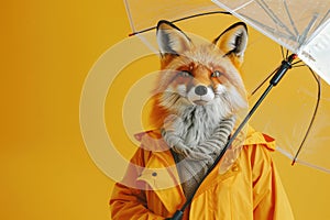 Fox fashionista dressed in bright yellow coat standing under opened umbrella, studio shot.