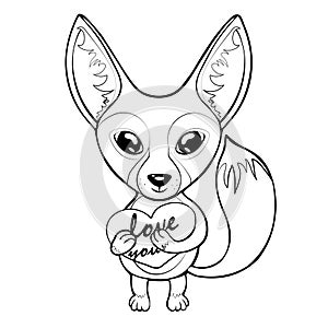 Fox Fenech funny cute cartoon black and white line hand drawing, animal character, coloring, mascot. Baby fox with big eyes,