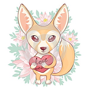 Fox Fenech funny cute cartoon hand drawing, animal character, print. Red-haired baby fox with big eyes, fluffy tail holding heart