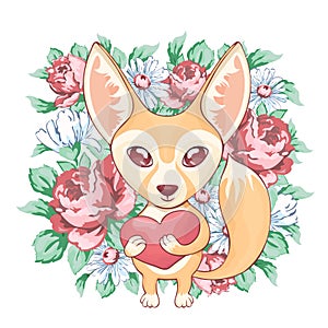 Fox Fenech funny cute cartoon hand drawing, animal character. Red-haired baby fox with big eyes, fluffy tail holding heart,