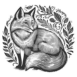 Fox Floral Patterns engraving raster illustration