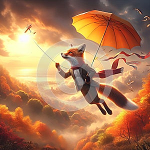 A fox flying a kite with an umbrella as a parachute, photoreal photo