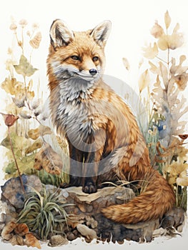 Fox in the forest watercolor painting.