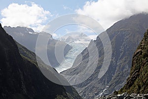 Fox Glacier from a viewpoint on the River Walk Track in Westland Tai Poutini National Park. New Zealand