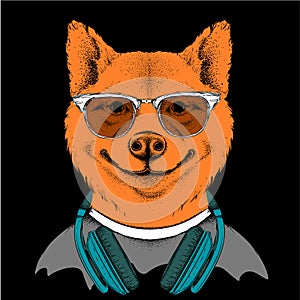 Fox in glasses and headphones. Vector illustration.