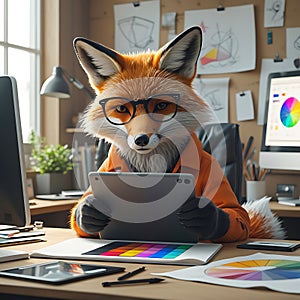 Fox in Glasses and Orange Jacket Using Tablet in Design Studio with Computer anthropomorphic