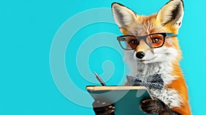 Fox with Glasses Using Digital Tablet for Creative Work