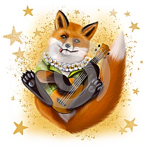 Fox in Hawaiian shirt, with Lei and a ukulele