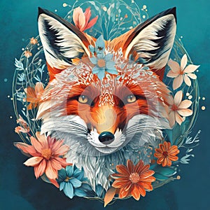Fox head art, vector illustration. Double exposure with fox and flowers, decorative concept
