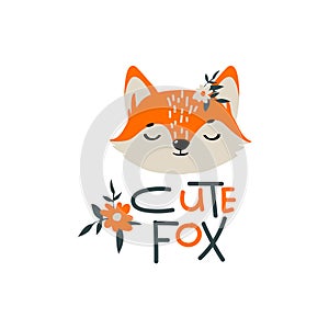 Fox Head with Flowers and Inscription Doodle Vector Illustration