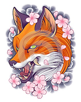 Fox Head Illustration with Japanese Tattoo Art Background