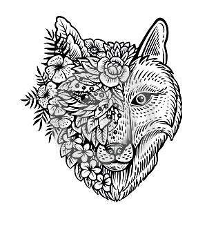 Fox head line art, vector illustration. Double exposure with conceptual line art.