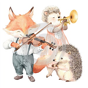Fox and hedgehog playing violin duet.
