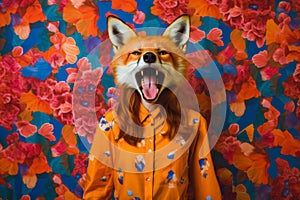 a fox with her mouth open in an orange shirt, created with Generative AI technology