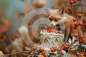 A fox, identified as orchidej.a, a little vixen girl, is eating a cake topped with berries