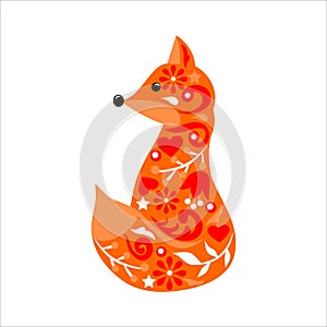 Fox illustration in Scandinavian style. Animal with a pattern. Children`s sticker in the room. Cardboard design style. Vector foxe